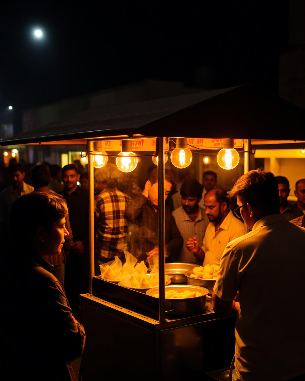Momo cart glowing at night with customers gathered around
