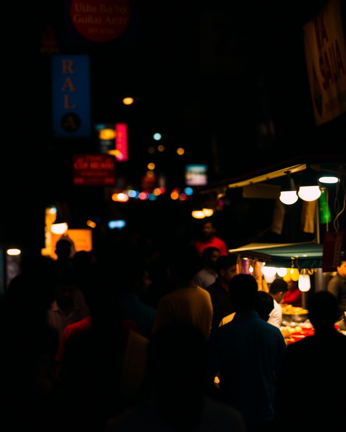 Busy Indian night market street lit by food stall lights