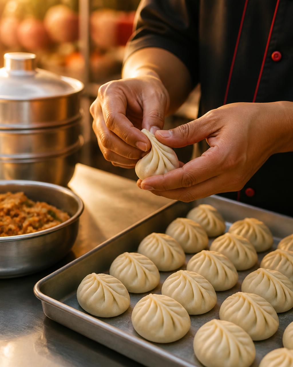 Hands folding fresh momos on the cart's steel counter